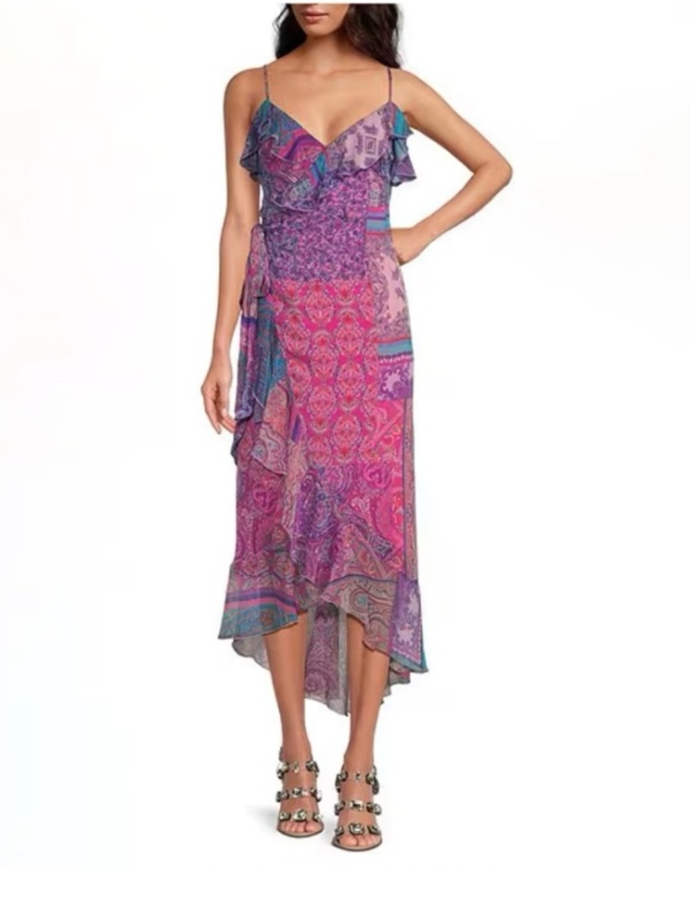 Gianni Bini Purple Pink Paisley Ruffle High-Low Skirt